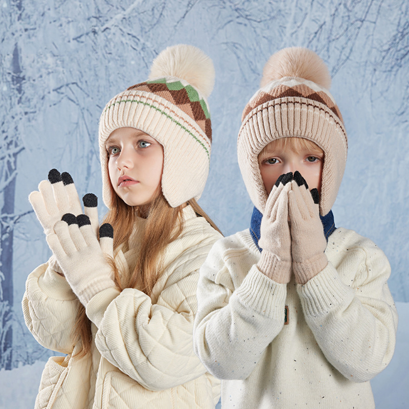 Conjunto Dos Piezas De Gorro Y Guantes Infantiles De Punto Rombos De Colores