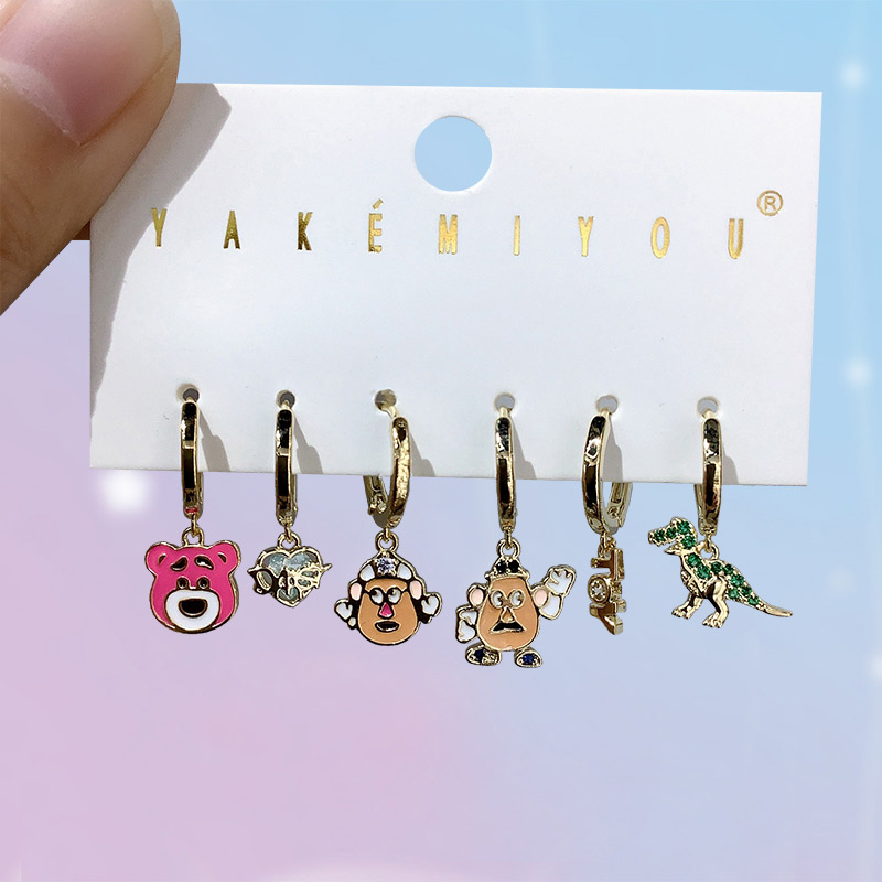 Juego De 6 Piezas De Aretes De Dibujos Animados Con Goteo De Aceite De Circón Con Incrustaciones De Cobre