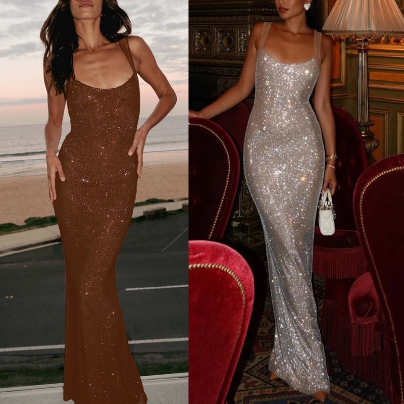 Vestido De Tirantes De Poliéster Con Lentejuelas Bronceadoras