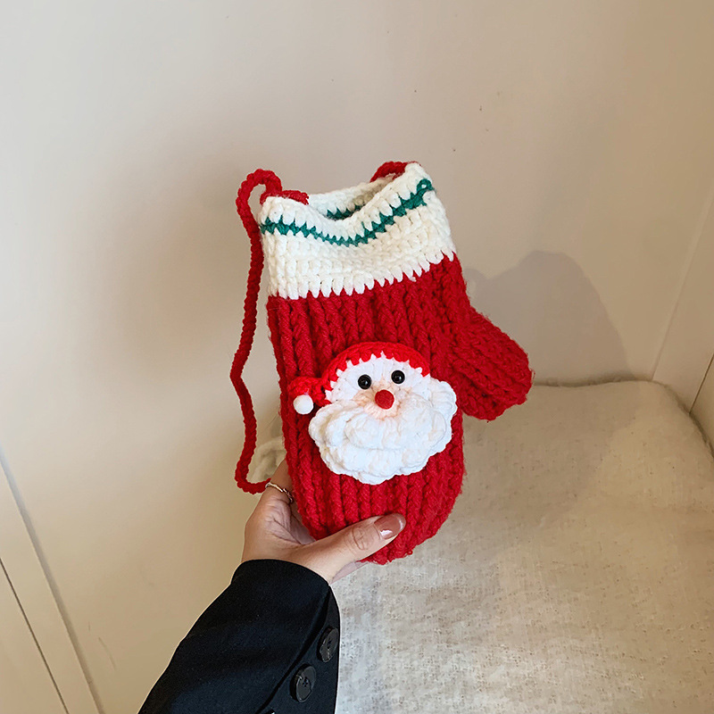 Bolso Bandolera Con Guantes De Papá Noel De Dibujos Animados De Crochet De Lana