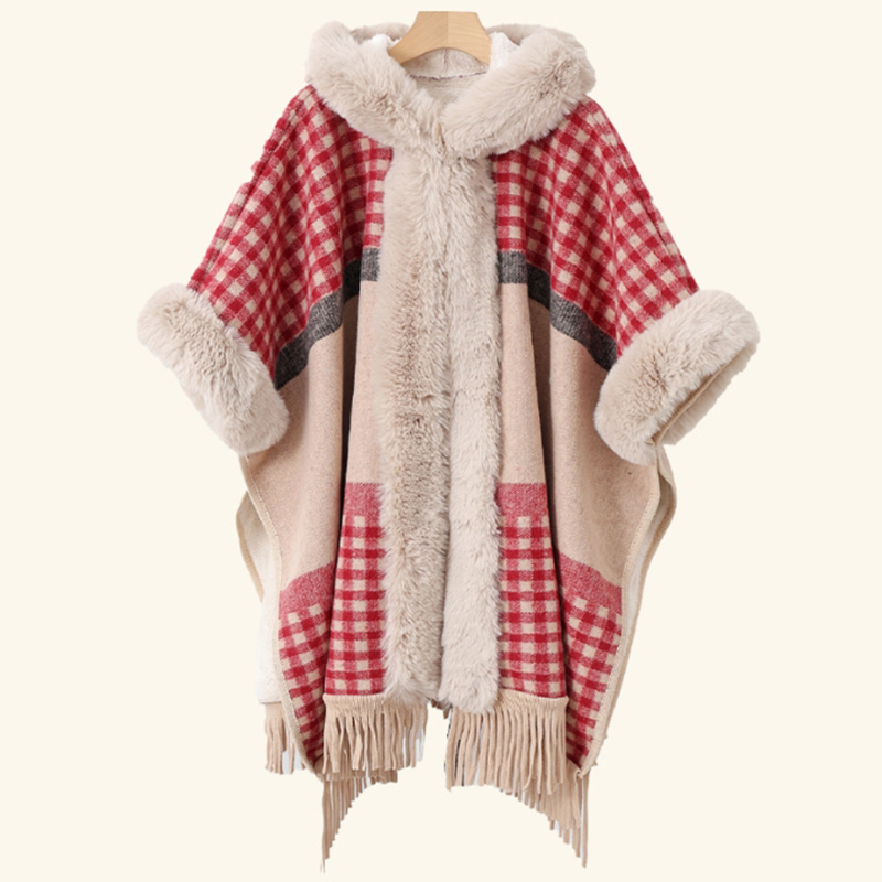 Mantón Con Capucha Y Cuello De Piel Estampado Engrosado Con Borlas
