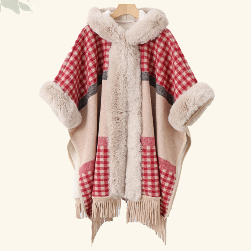 Mantón Con Capucha Y Cuello De Piel Estampado Engrosado Con Borlas