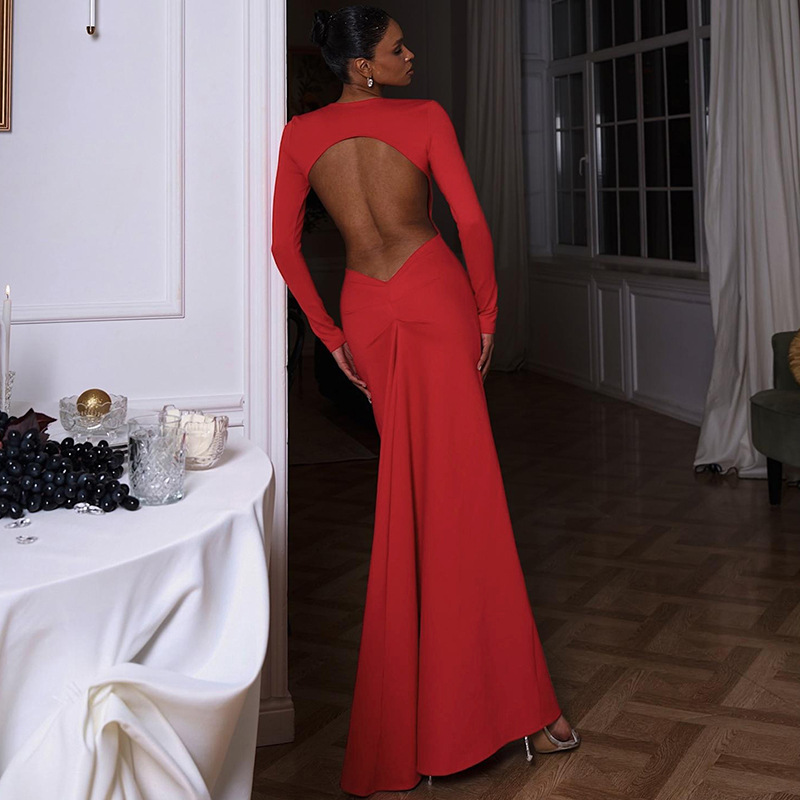 Vestido De Poliéster Con Cuello Redondo Y Manga Larga Sin Espalda