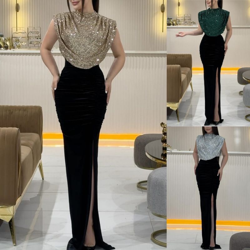 Vestido Sin Mangas Con Abertura Y Patchwork De Lentejuelas