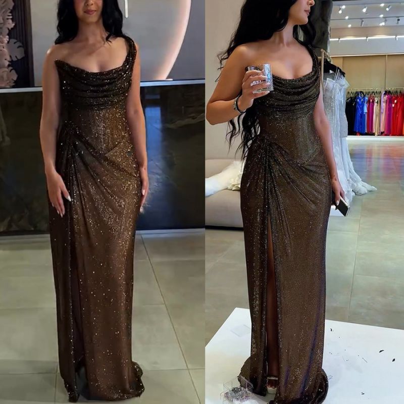 Vestido De Un Solo Hombro Con Cuello Vuelto Y Plisado De Poliéster