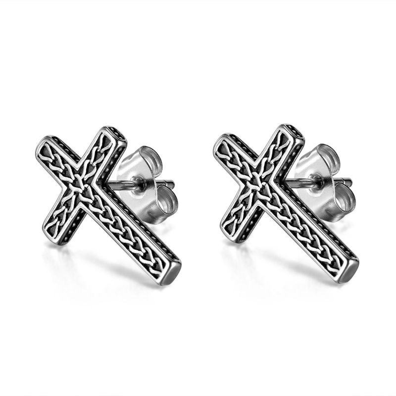 Pendientes De Hombre Con Cruz De Acero Inoxidable