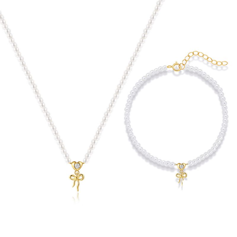 Conjunto De Pulsera Y Collar Con Cuentas De Perlas Y Lazo En Forma De Corazón Y Diamantes De Plata