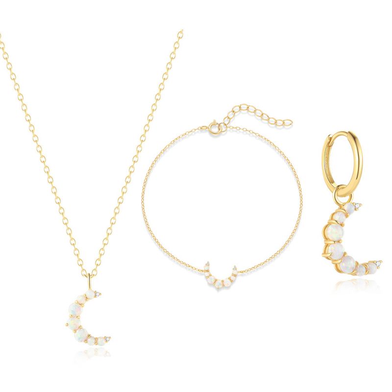 Conjunto De Collar Pulsera Y Pendientes De Luna De Plata Diamantes Y Ópalo