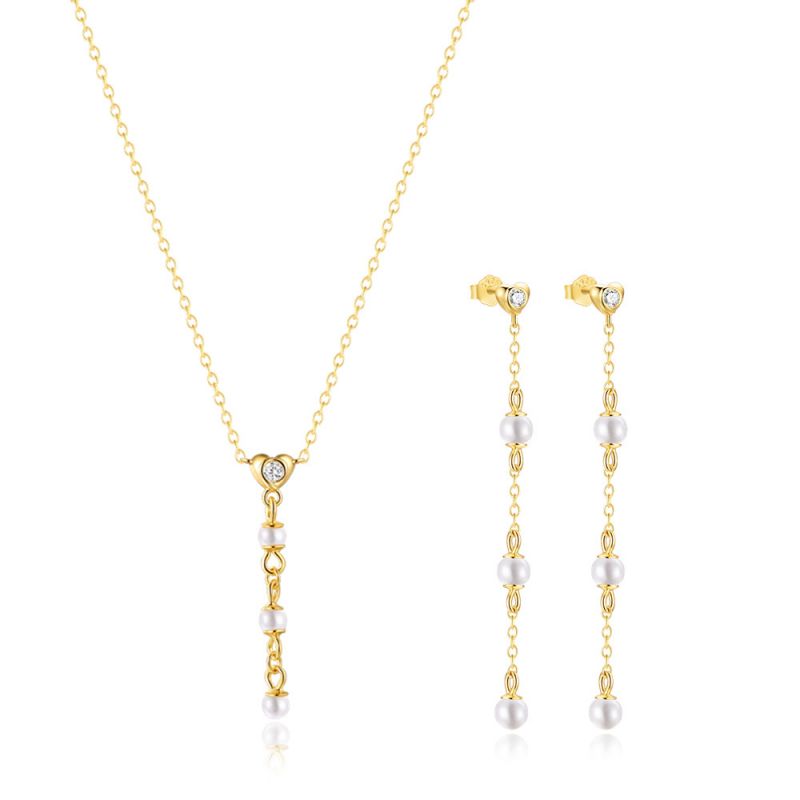 Conjunto De Collar Y Pendientes Con Borlas De Diamantes Y Perlas En Forma De Y Y Corazón De Plata De Ley