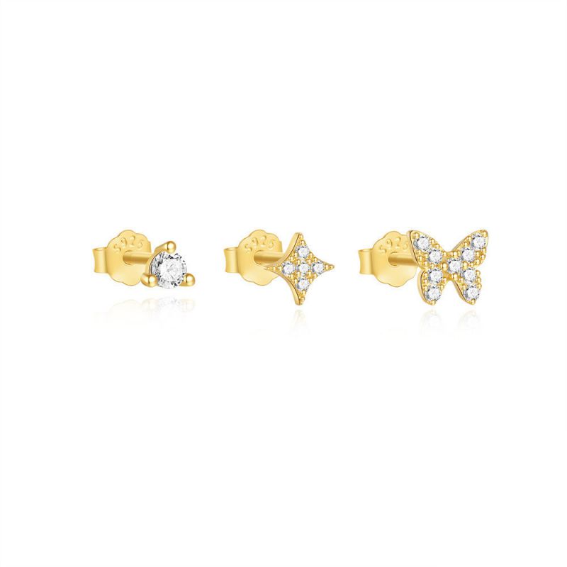 Juego De Pendientes De Mariposa Y Estrella De Plata Con Diamantes
