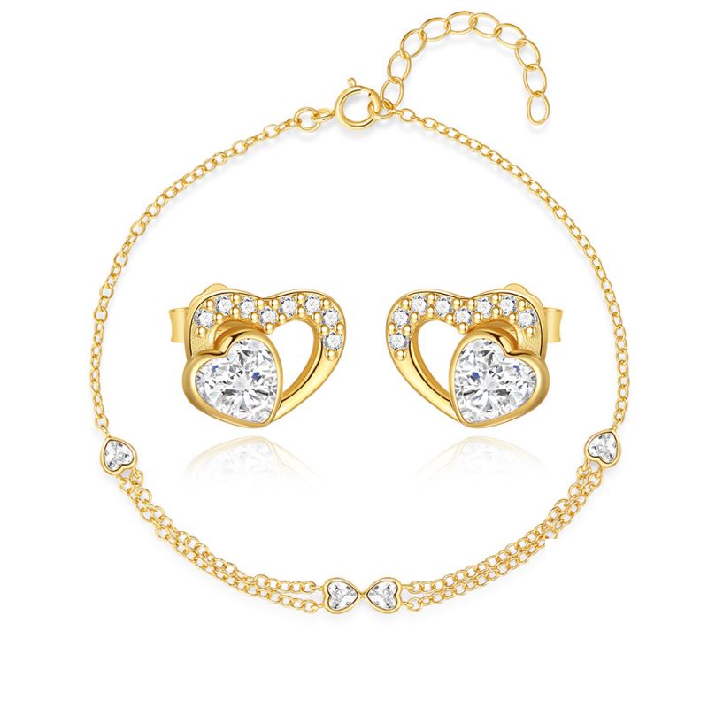 Conjunto De Pulsera Y Pendientes Con Corazón De Diamantes De Plata