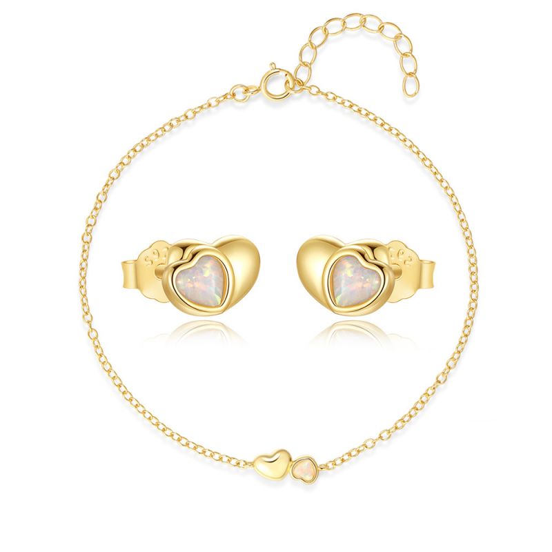 Conjunto De Pulsera Y Pendientes Con Corazón De Ópalo Plateado