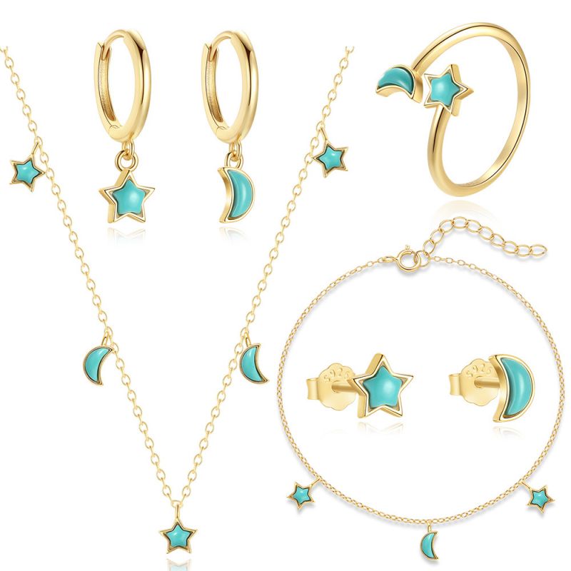 Conjunto De Pendientes Pulsera Collar Anillo Y Luna Con Estrella Plateada