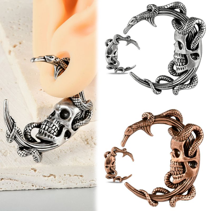 Perforación De Lóbulo De Oreja Con Forma De Serpiente Y Calavera De Cobre