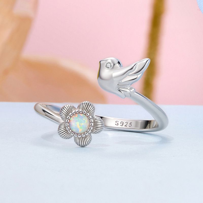 Anillo Abierto De Plata Con Flor Y Pájaro