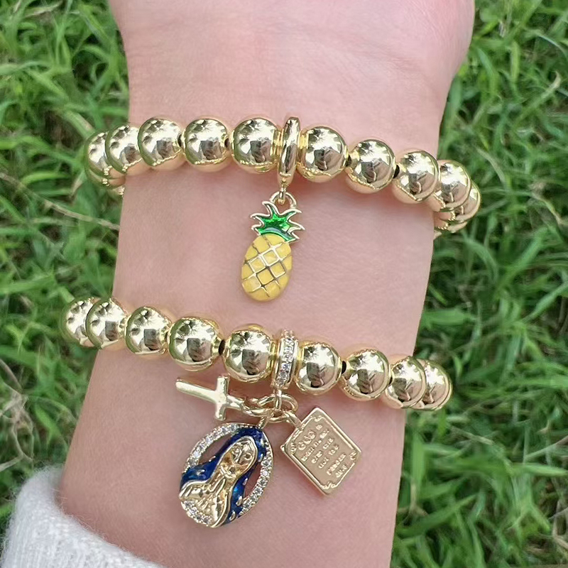 Pulsera De Cruz De Diamantes Con Cuentas De Cobre Bañadas En Oro
