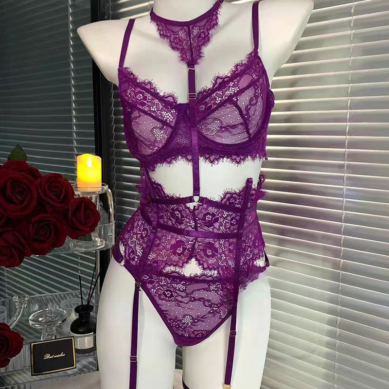 Conjunto De Ropa Interior De Encaje De Espiga Con Lazo En La Cintura De Poliéster + Guantes