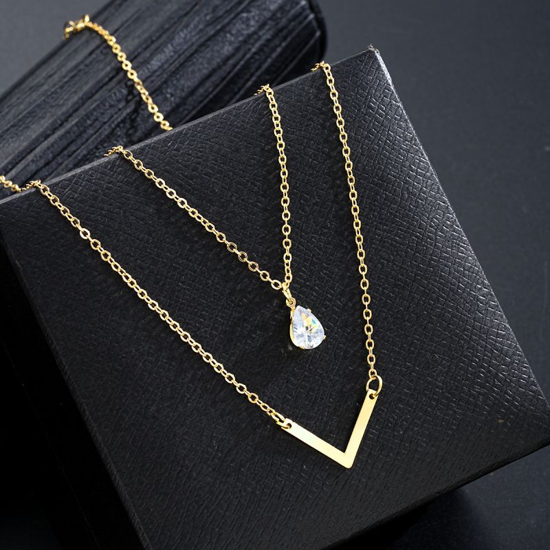 Collar De Doble Capa En Forma De V Con Diamantes De Aleación