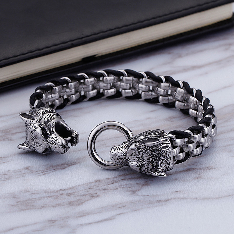 Pulsera Para Hombre De Acero De Titanio Con Cabeza De Lobo Cabeza De León Calavera Y Cabeza De Serpiente