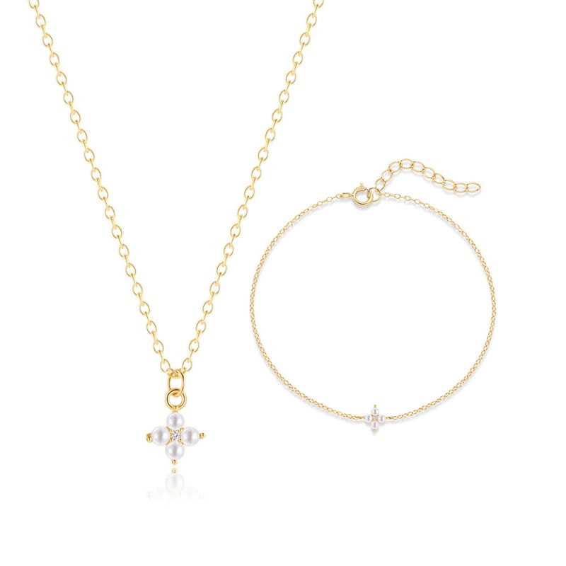 Conjunto De Collar Y Pulsera De Perlas Y Diamantes De Plata