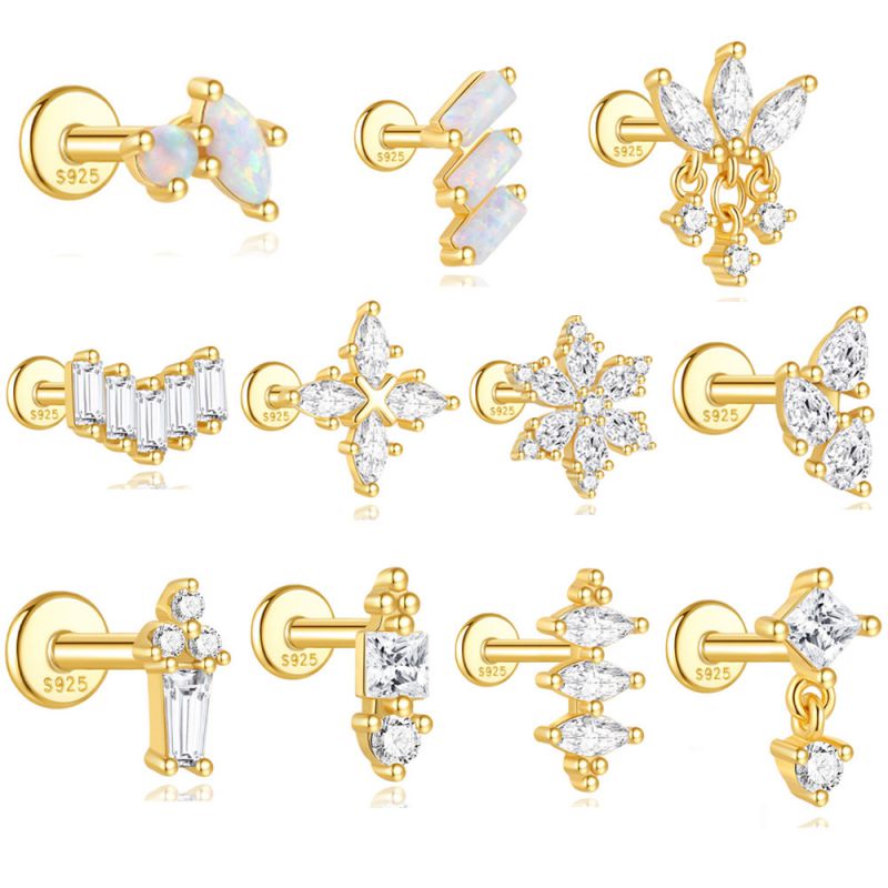 Pendientes De Rosca Con Forma De Cabeza Plana Y Diseño Geométrico De Diamantes Plateados [individual]