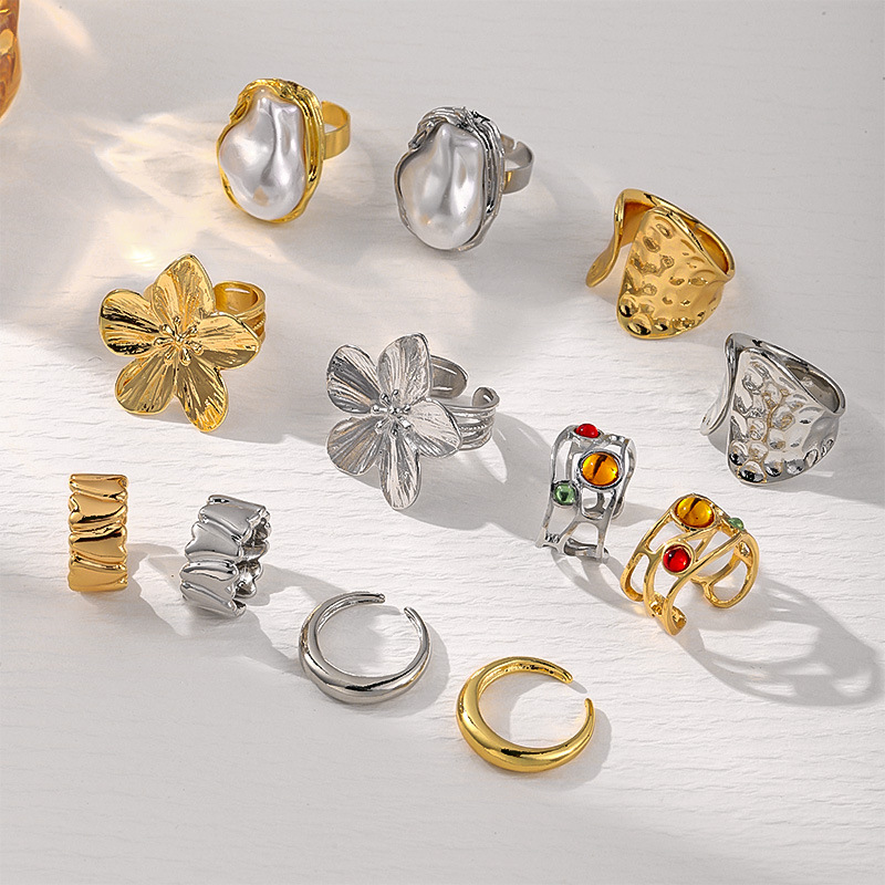 Juego De Anillos Irregulares Con Flores Y Perlas De Aleación