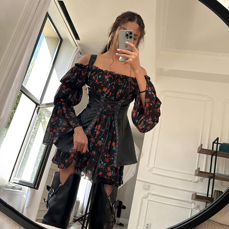 Conjunto De Minifalda De Cuero Con Cordones De Poliéster Y Minifalda Floral