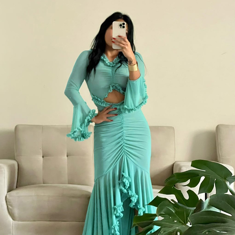 Vestido De Malla De Manga Larga Plisado Hueco De Poliéster