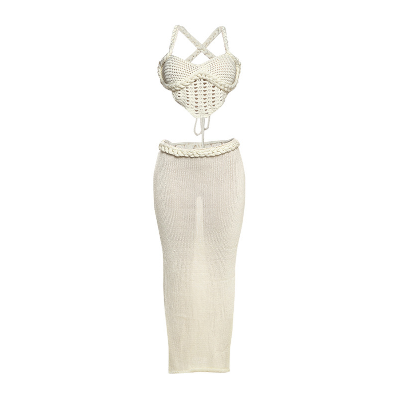 Conjunto De Punto De Falda Pura Con Camisola Hueca De Poliéster