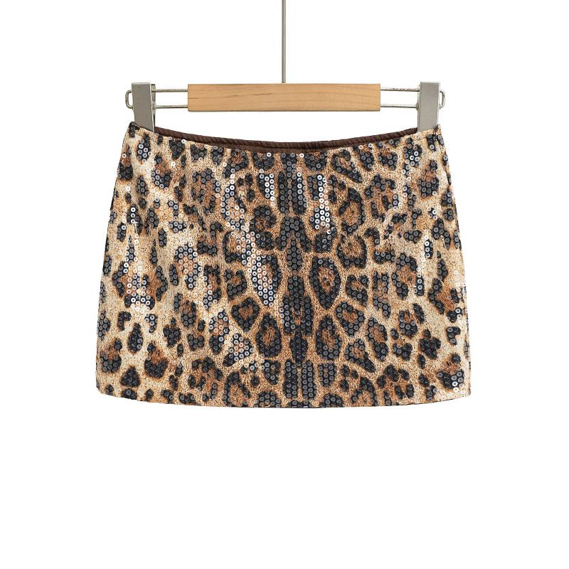 Falda De Lentejuelas Con Estampado De Leopardo Y Talle Bajo