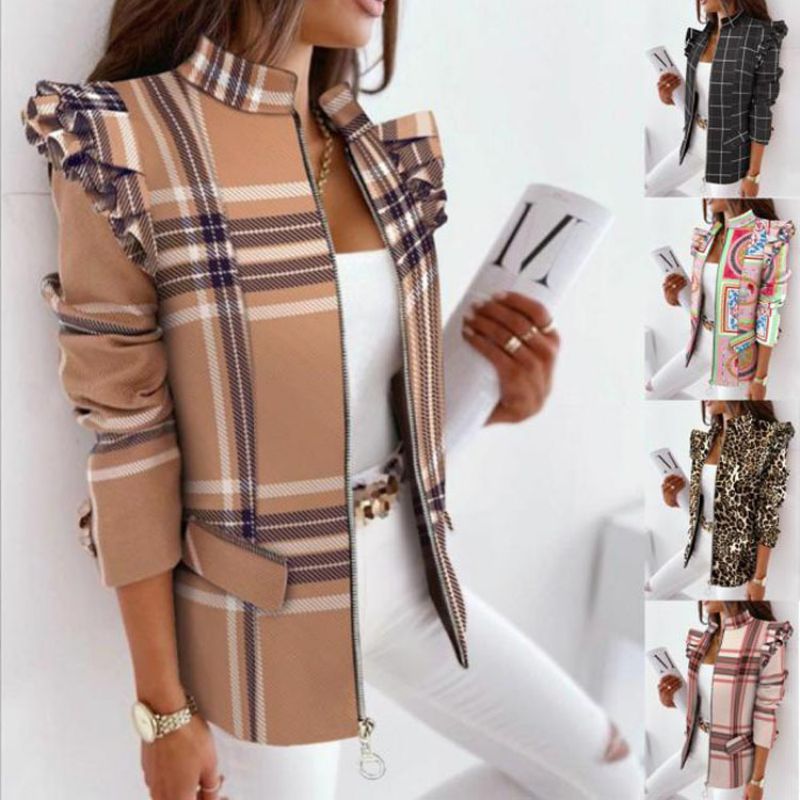 Chaqueta De Cuello Alto Con Volantes Y Estampado De Algodón