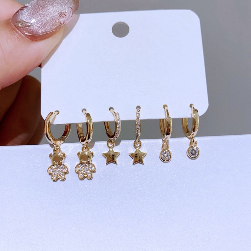 Juego De Pendientes Con Forma De Oso De Pentagrama Y Diamantes De Cobre