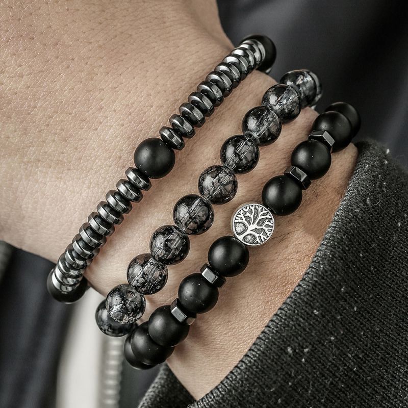 Juego De Pulseras Para Hombre Con Cuentas Esmeriladas De Bilis Negra