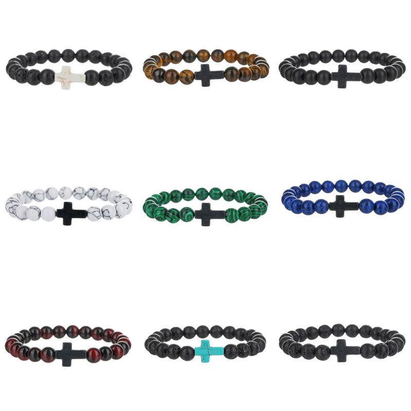 Pulsera De Cuentas De Piedra Natural Con Cruz Para Hombre