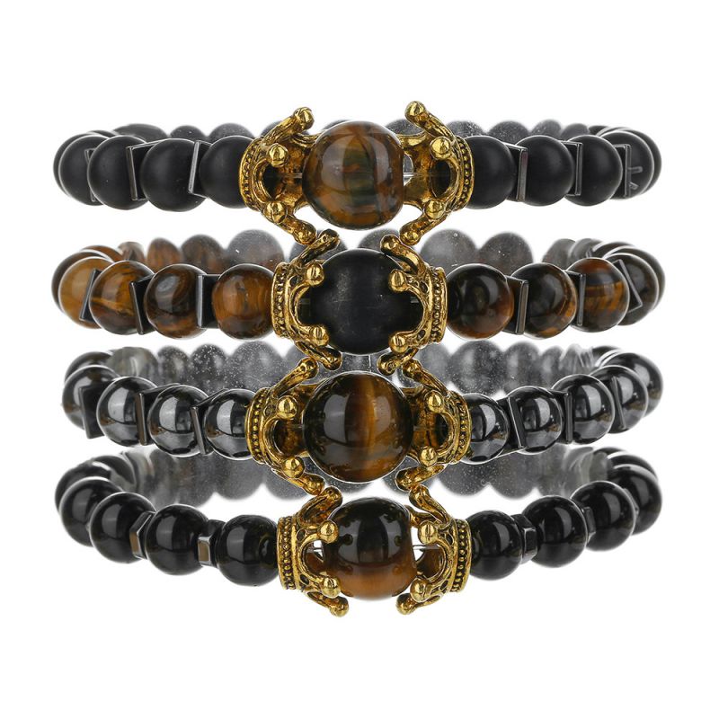 Pulsera De Hombre Con Cuentas De Ojo De Tigre Y Agallas Negras