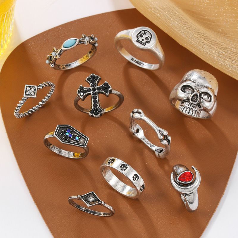 Juego De Anillos De Ataúd Con Cruz De Calavera De Aleación