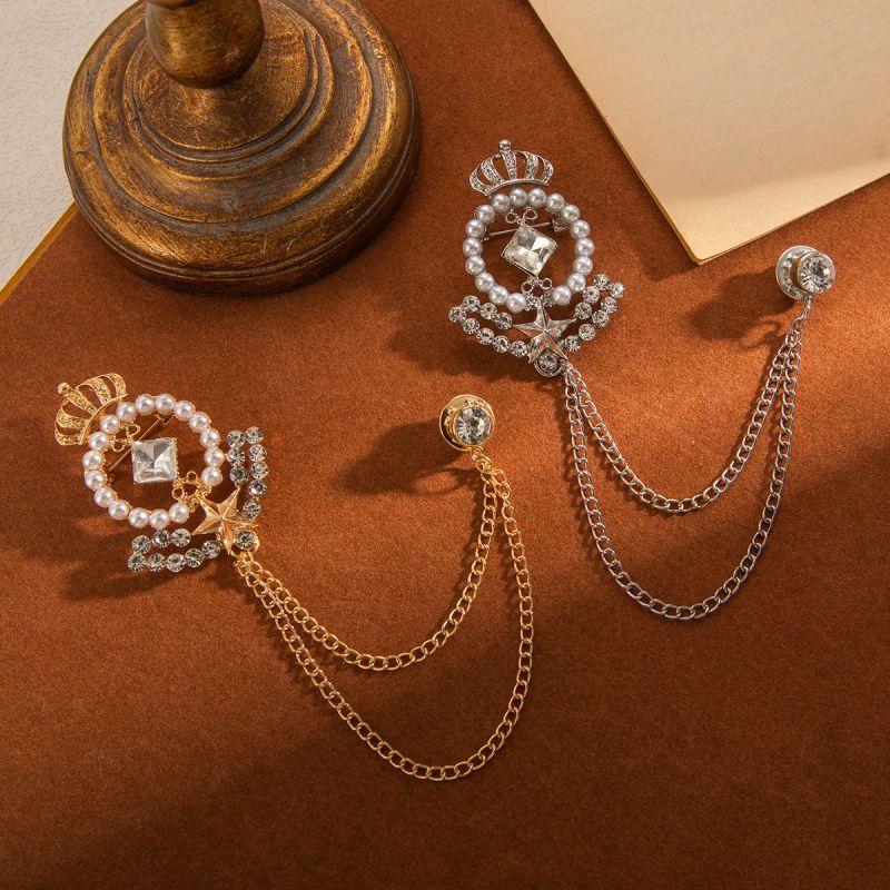 Broche De Estrella De Cinco Puntas Con Corona De Perlas Y Diamantes De Aleación