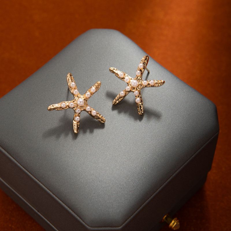 Pendientes De Aleación Con Forma De Estrella De Mar Y Perla