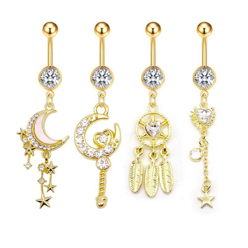 Piercing Para Ombligo De Acero Inoxidable Con Forma De Corazón Estrella Luna Y Atrapasueños Con Diamantes