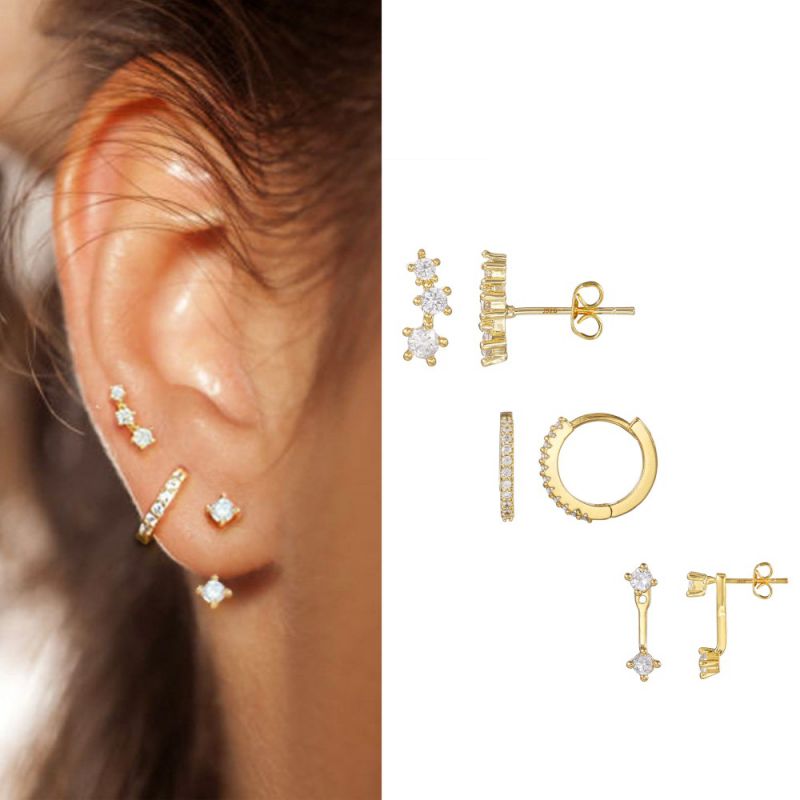 Conjunto De Pendientes Geométricos De Cobre Bañado En Oro Y Diamantes.