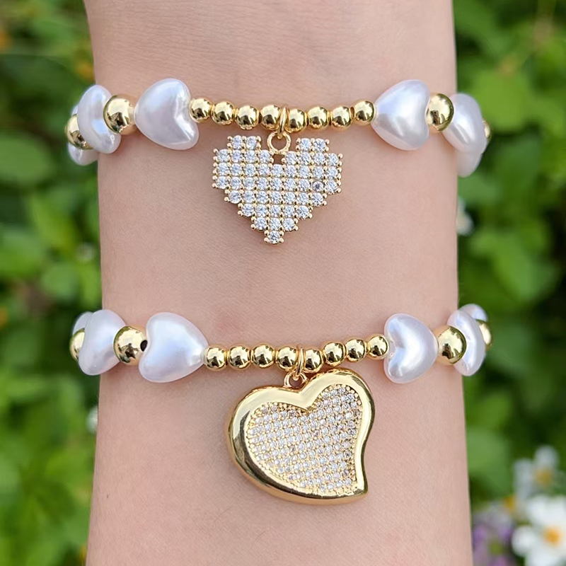Pulsera De Diamantes En Forma De Corazón Con Perla Bañada En Oro Y Cobre