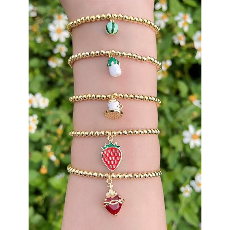 Pulsera De Corazón De Fruta Con Cuentas De Cobre Bañadas En Oro