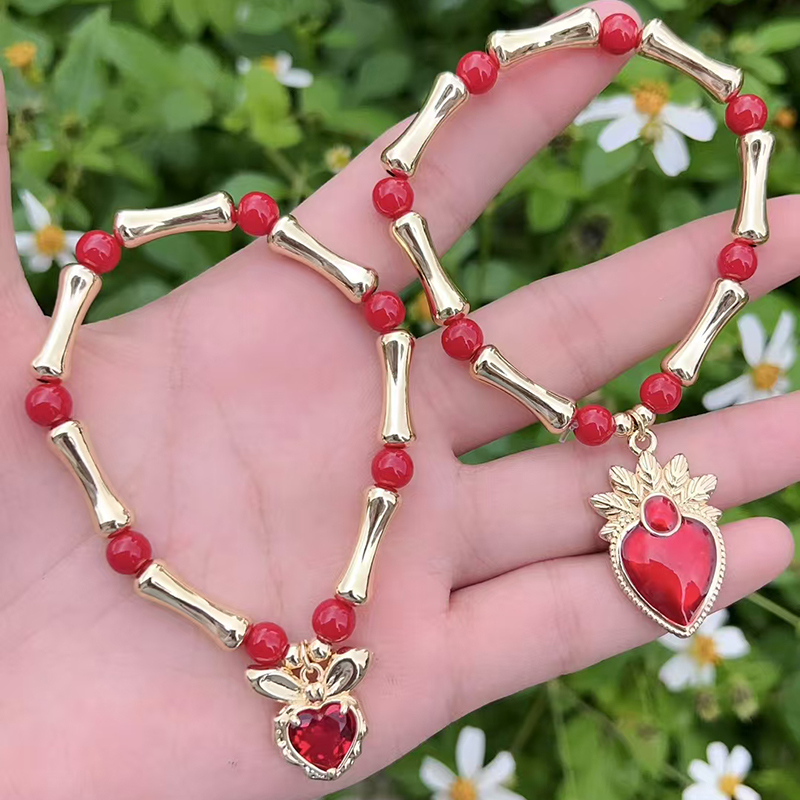 Pulsera De Corazón Con Cuentas De Hueso Bañada En Oro Y Cobre