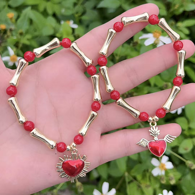 Pulsera De Corazón Con Cuentas De Hueso Bañada En Oro Y Cobre