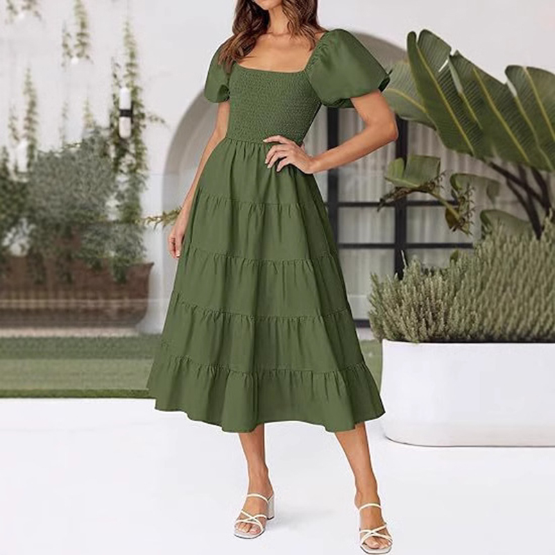 Vestido Largo De Poliéster Con Cuello Cuadrado Y Mangas Abullonadas