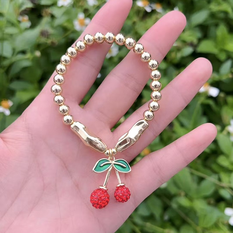 Pulsera De Cerezas Con Cuentas De Cobre Bañadas En Oro