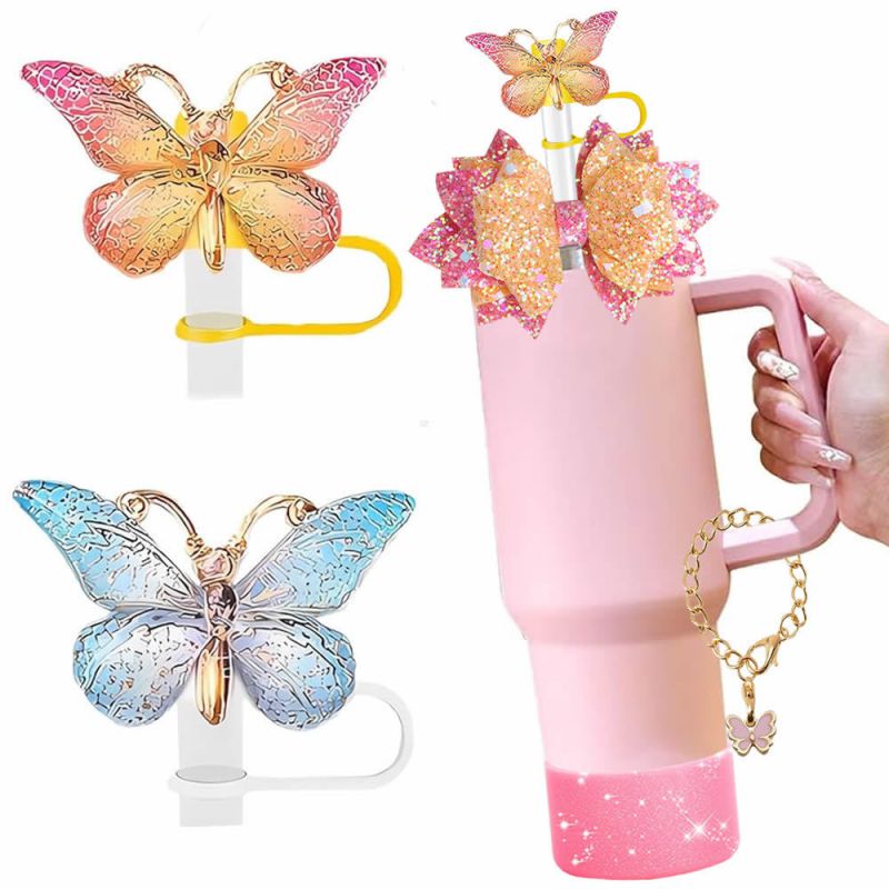 Tapa De Pajita De Silicona Con Forma De Mariposa Y Lazo De Cuero.