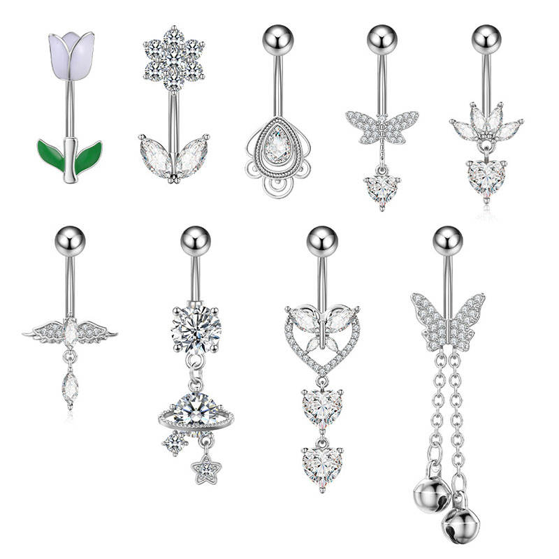 Piercing Geométrico Para Ombligo De Acero Inoxidable Con Forma De Flor Y Mariposa De Diamante.