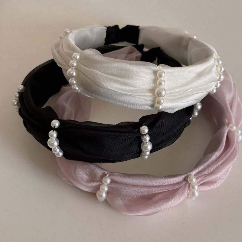 Diadema De Ala Ancha De Gasa De Tela Con Perlas