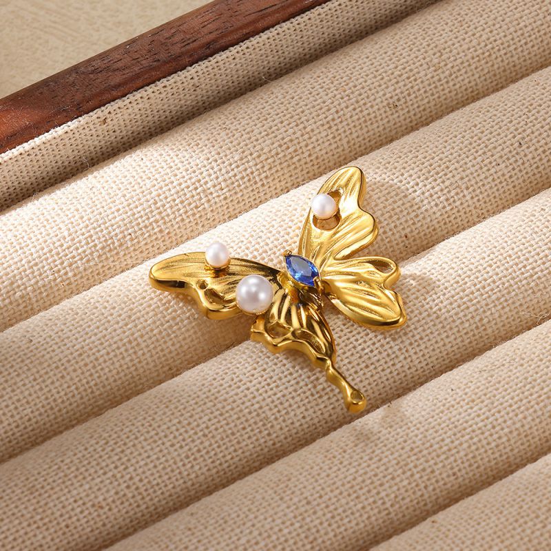 Broche De Mariposa De Diamantes De Acero Inoxidable Bañado En Oro